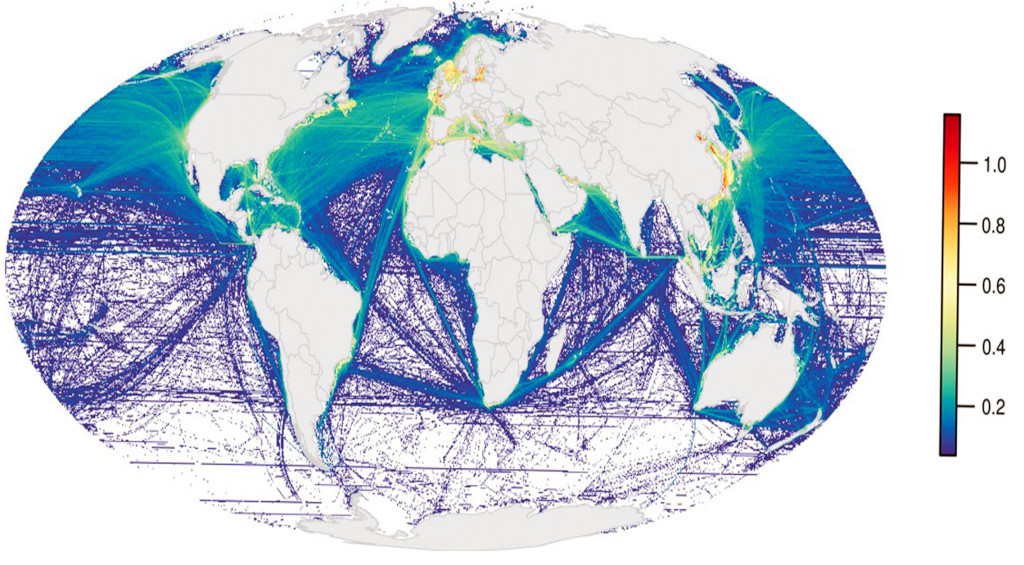 Red de transporte marítimo mundial que muestra los impactos acumulativos en el océano